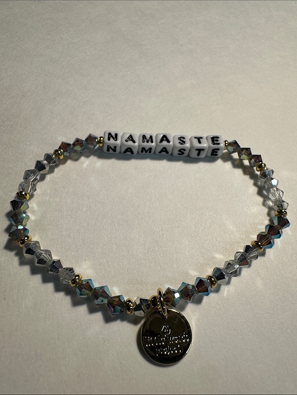 Little Words Project NAMASTE Beaded Stretch Bracelet in Silver & blue beads SM
